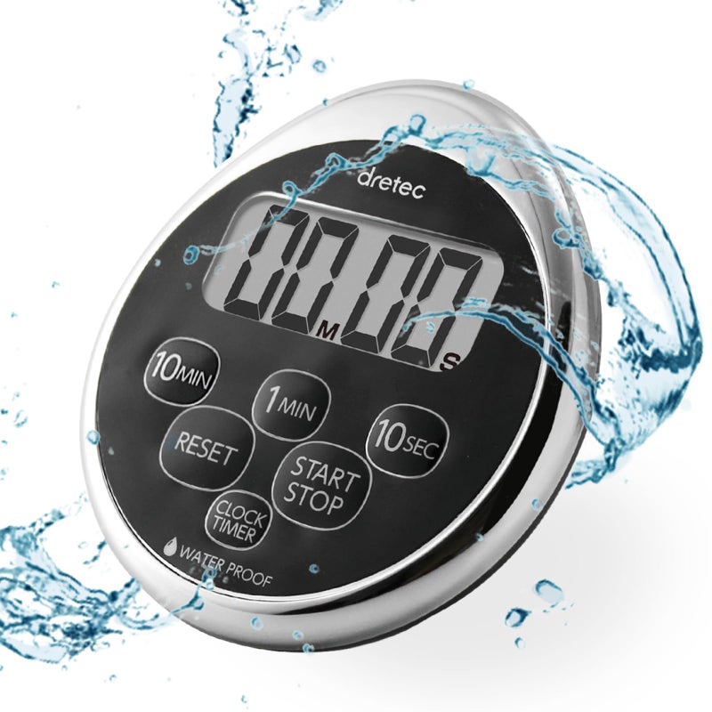 dretec Digital Timer Water Proof Shower Timer Shower Clock Bathroom Magnetic Backing Silver Black Officially Tested in Japan (1starter Lithium Battery Included) - Image 1